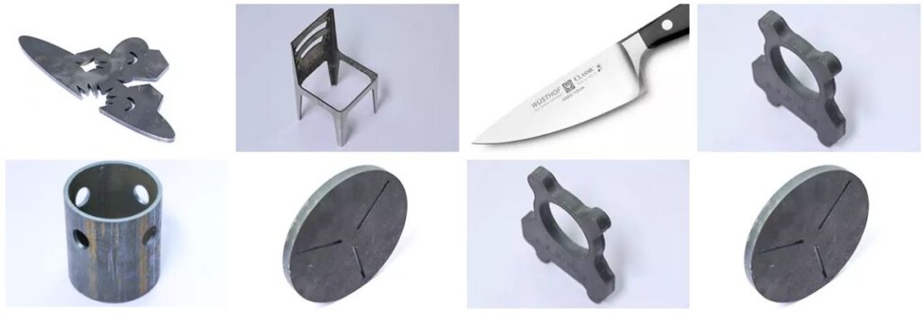 Farklı geometrilerde lazerle kesilmiş metal parça numuneleri