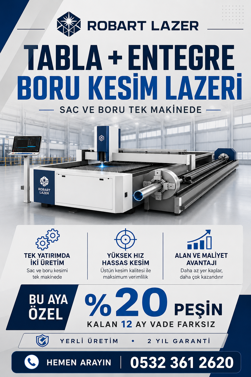 Sac kesim tablası ve boru işleme bölümü bulunan Robart entegre fiber lazer