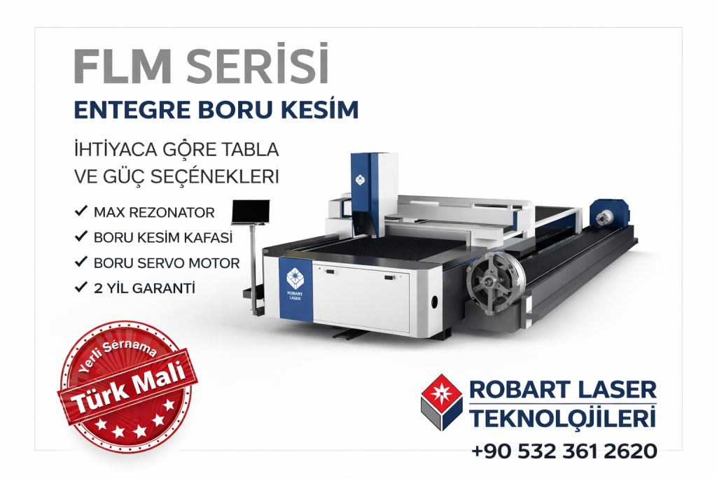 Sac kesim tablası ve boru işleme bölümü bulunan Robart entegre fiber lazer