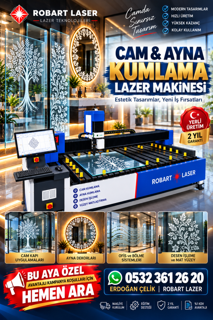 Robart cam ve ayna kumlama lazer makinesini gösteren tanıtım görseli