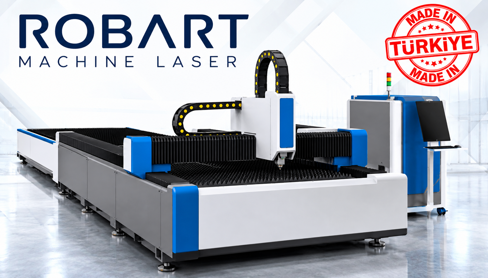Açık kesim tablası görülen Robart fiber lazer kesim makinesi
