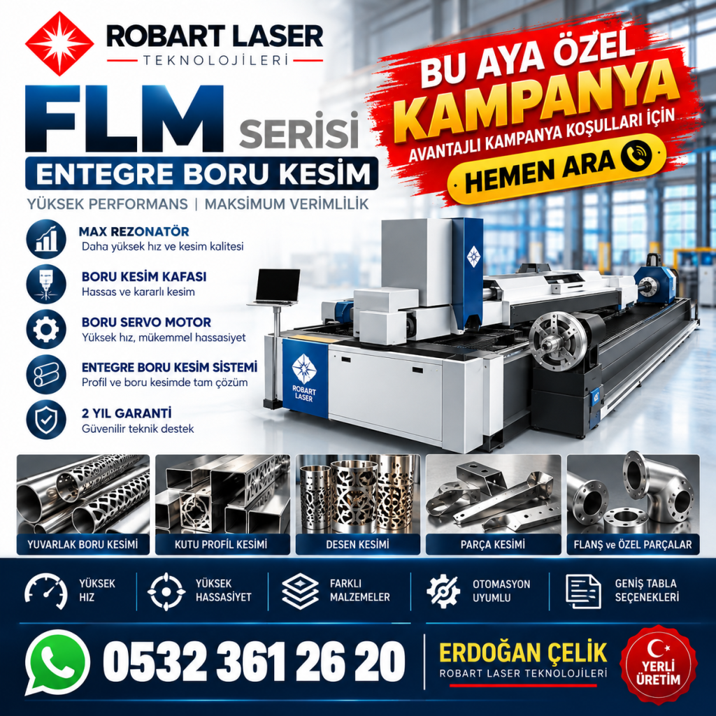Sac kesim tablası ve boru işleme bölümü bulunan Robart entegre fiber lazer