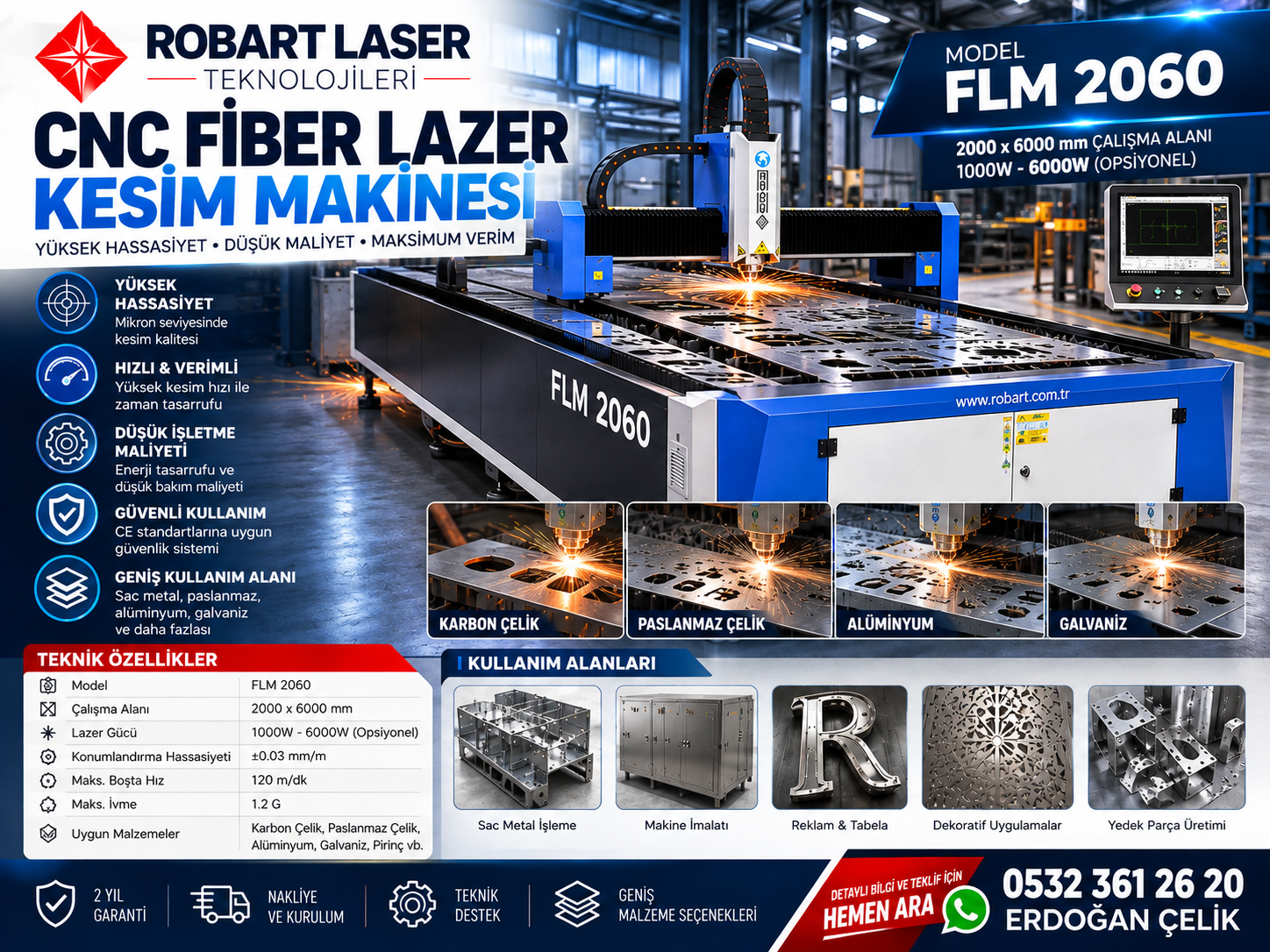 Açık kesim tablası görülen Robart fiber lazer kesim makinesi
