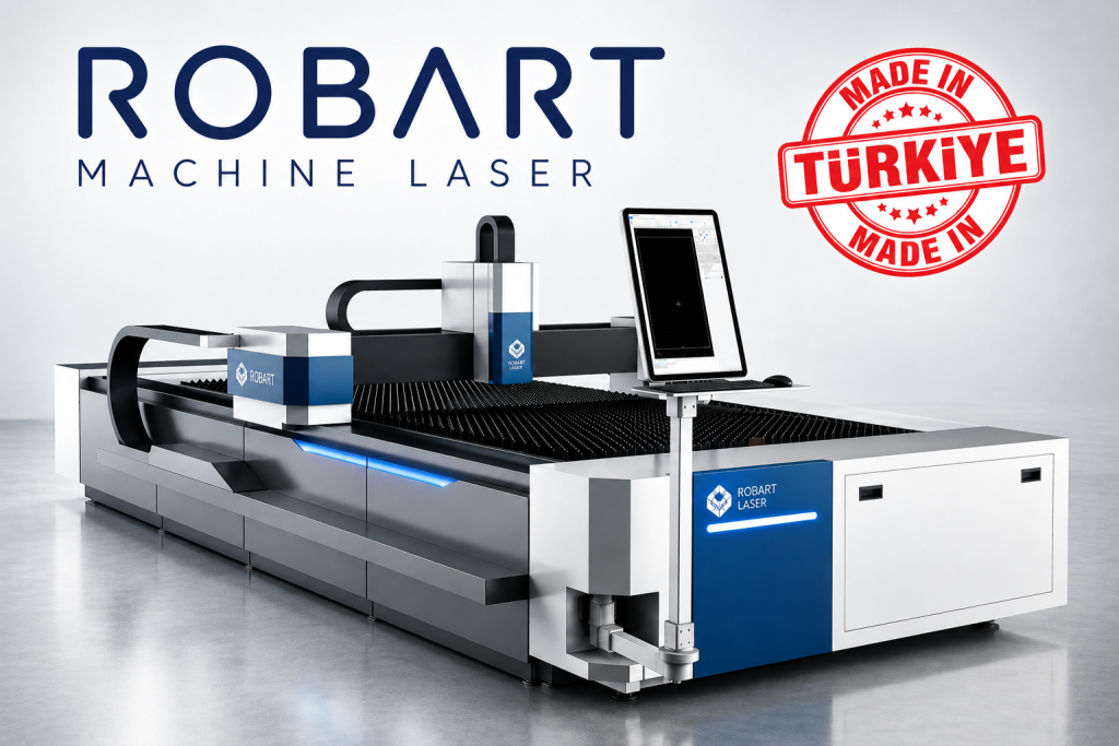 Açık kesim tablası görülen Robart fiber lazer kesim makinesi