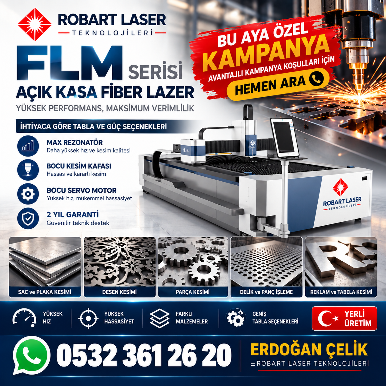 Açık kesim tablası görülen Robart fiber lazer kesim makinesi